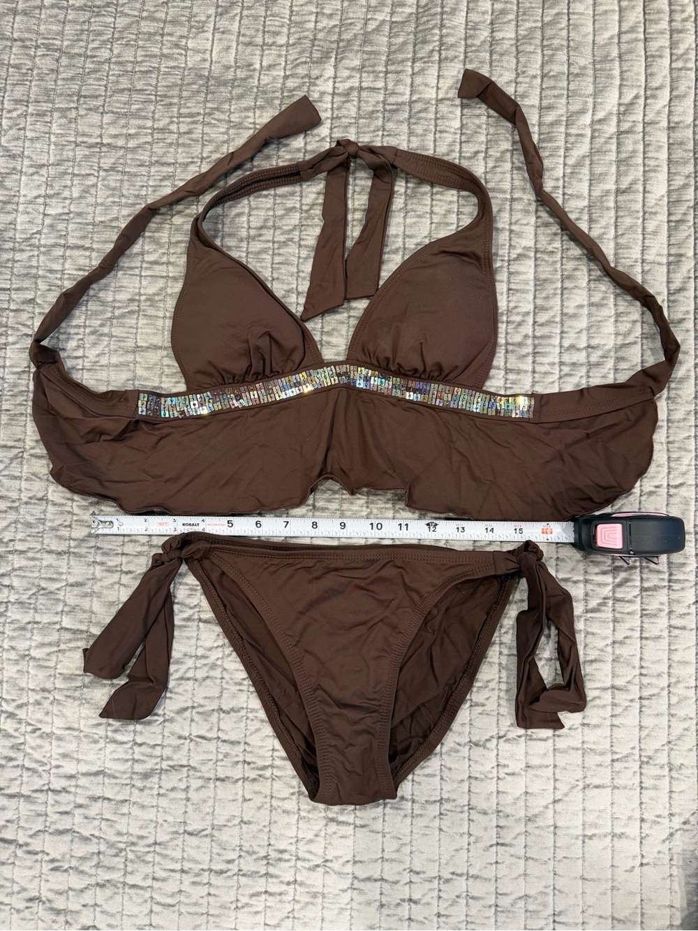 Brown Halter Back Tie Bikini Set with Sequin Accent